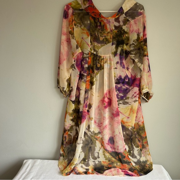 Floral Asymmetrical High-Low Tunic Top Sheer V-Neck Flowy Multi - Picture 3 of 4